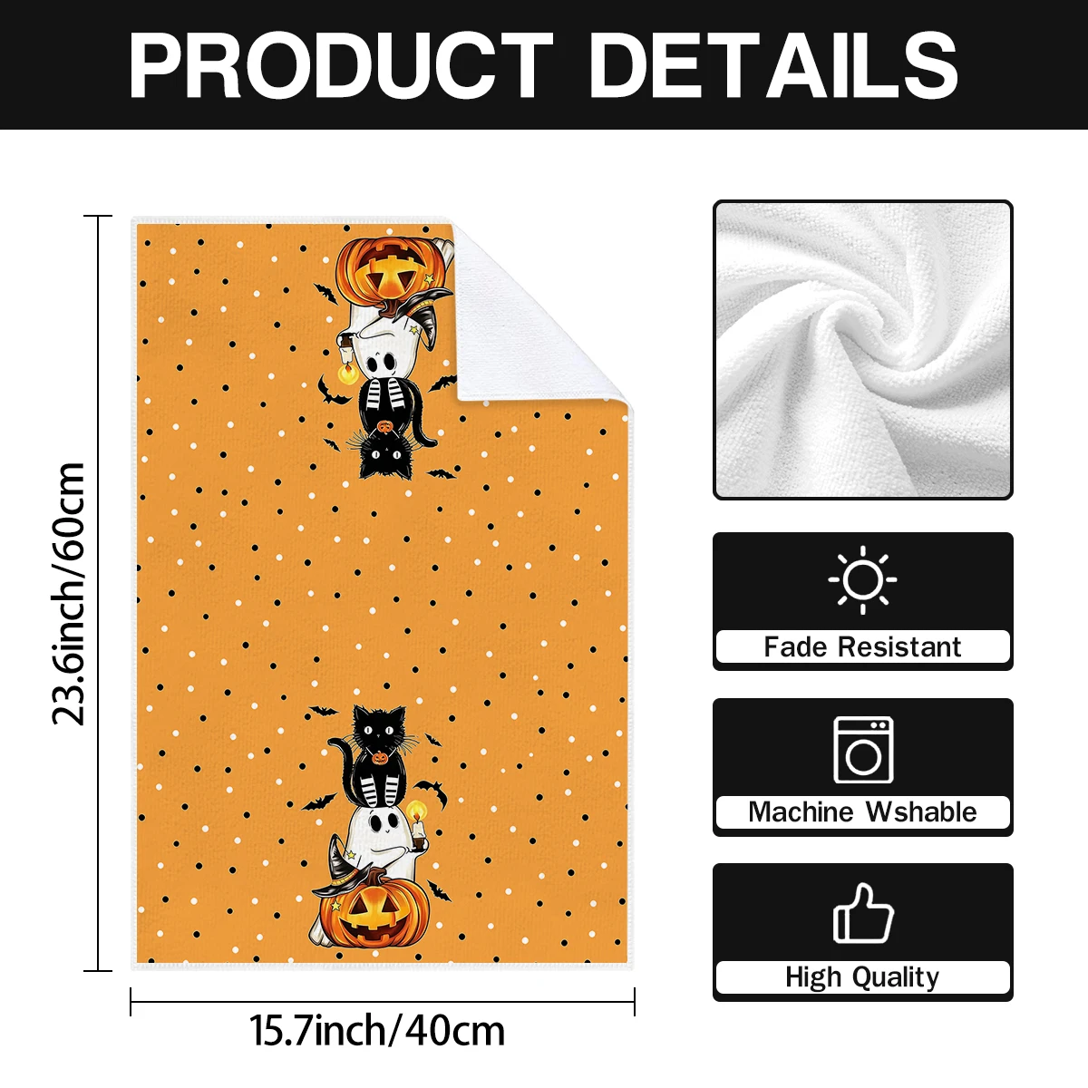 2pcs Halloween Orange Ghost, Black Cat, Pumpkin, Bat Pattern Kitchen Towel Set, Soft, Quick Drying Kitchen Tea Towels,