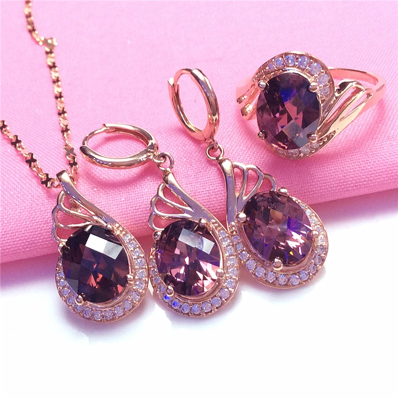 

585 purple gold jewelry sets luxury romantic 14K rose gold crystal gem rings for women earrings necklace pendant wedding gift