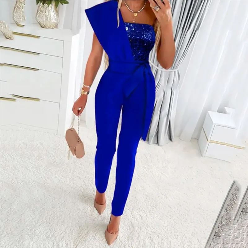 Women's Sequins Patchwork Bodycon Jumpsuit Summer Elegant Fashion One Shoulder Prom One Piece Belt Trouser Overalls Jumpsuits