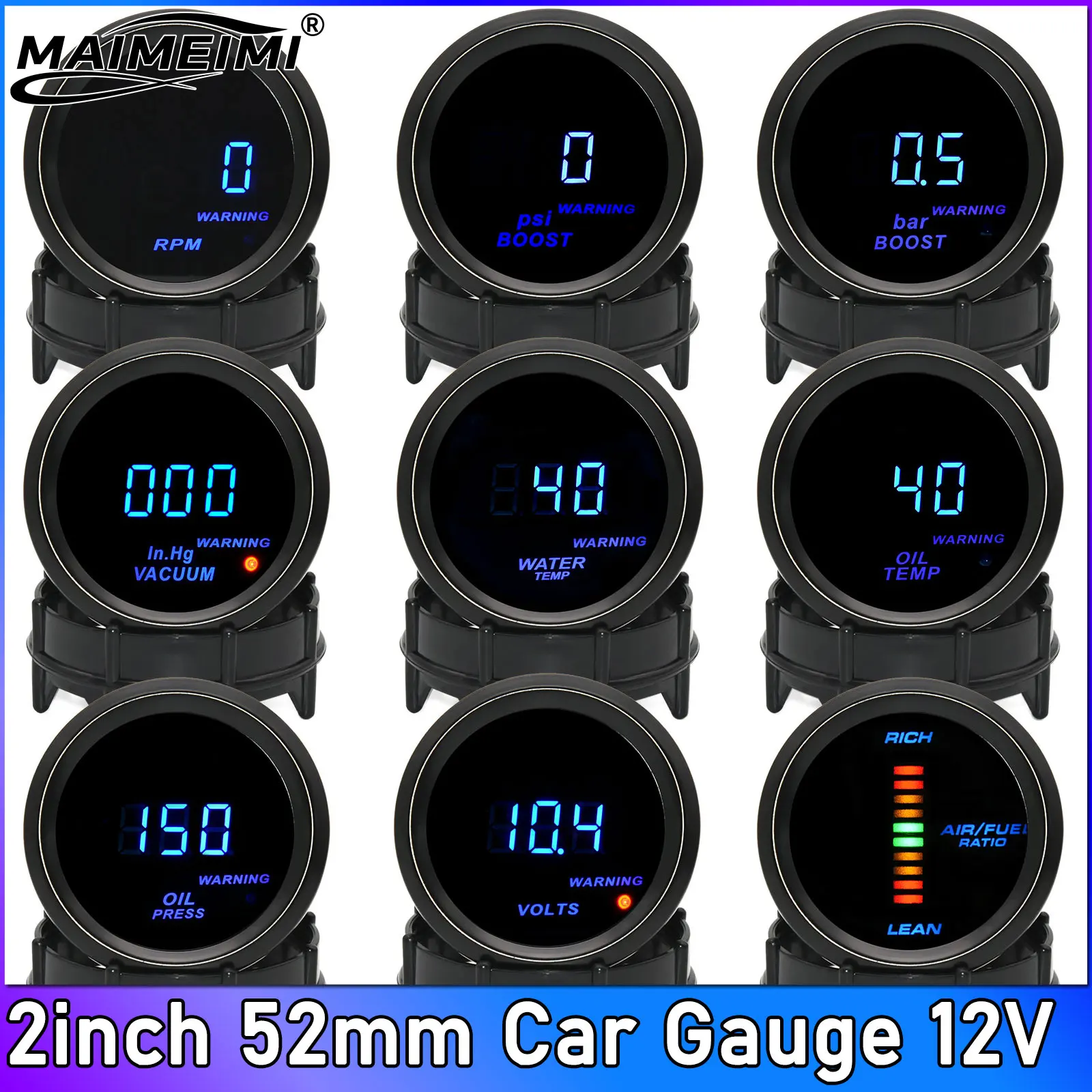 

52mm Water Temp Gauge with Sensor Boost Tachometer Voltmeter Air Fuel Ratio Oil Temp Oil Press AFR Gauge Fit for 12V Car