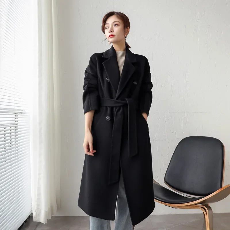 Large size women's water ripple noodle version double-sided woolen coat women's long handmade woolen coat