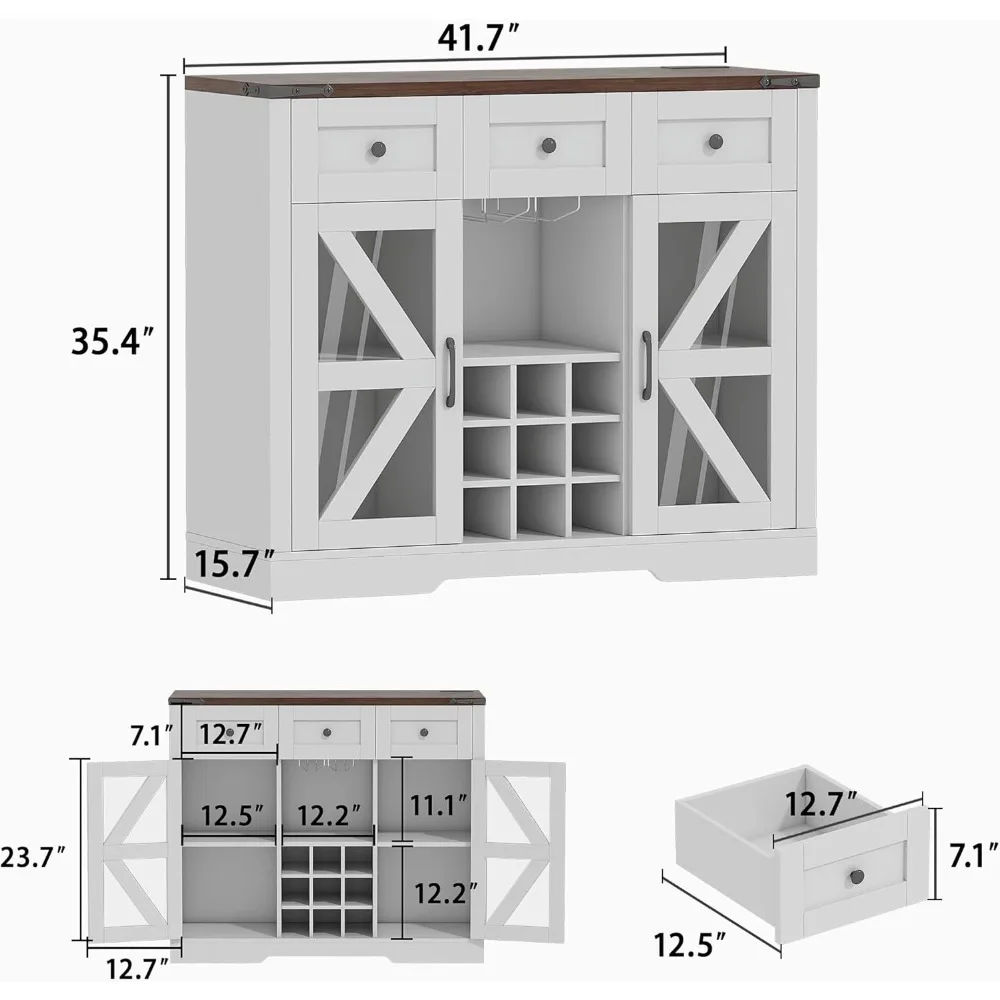 Armário de vinho para bar de café de 42 "com portas de celeiro e luz LED, armário buffet de aparador de fazenda, armários de armazenamento