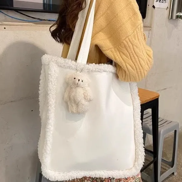 New Casual Tote Large Capacity Shoulder Bag White Plush Women Handbag Simple Fashion Messenger Bags for School Girl