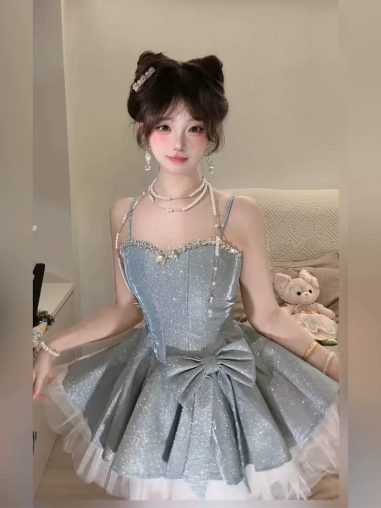 

XZY Plump Miss Elegant Blue Strap Short Skirt Women's Summer Sparkling Knot Puffy Skirt High Waist Ball Gown