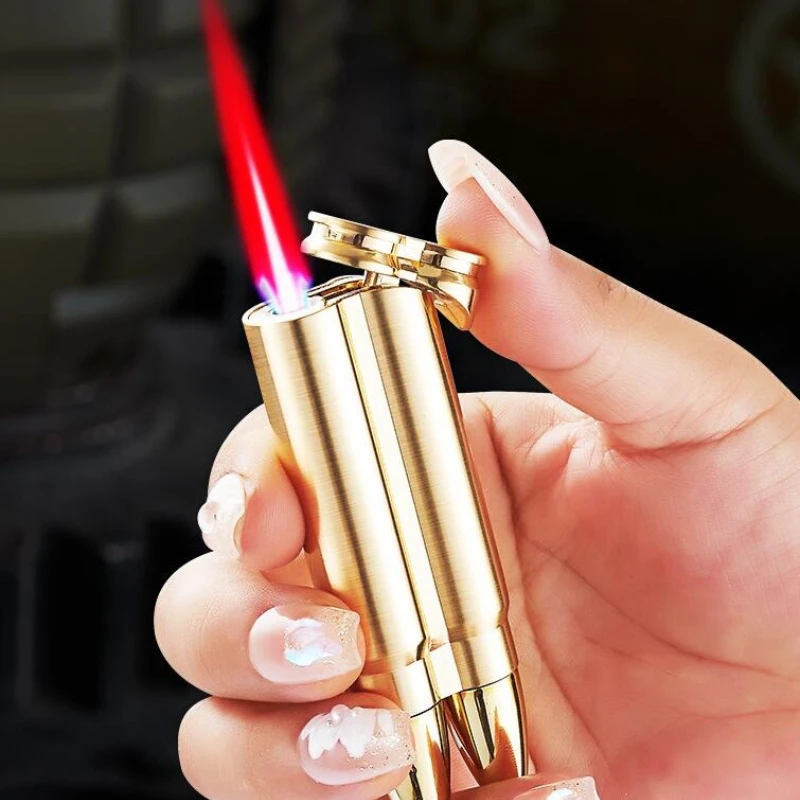 Bullet shaped metal inflatable lighter compact portable outdoor windproof red flame cigarette lighter cigarette accessories New