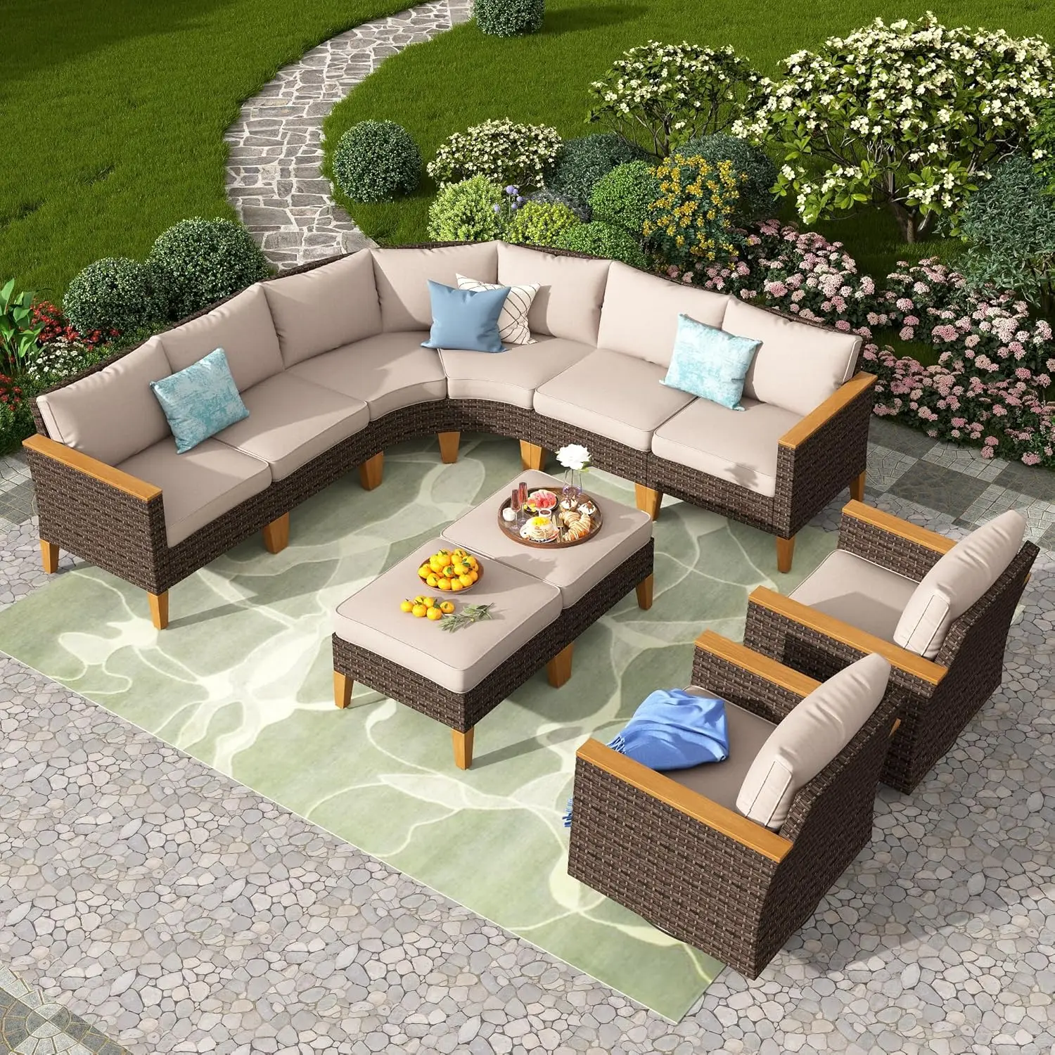 

10-Piece Patio Set Swivel Rattan Rocking Chairs Half Moon Fire Pit Table Outdoor Conversation, Customized