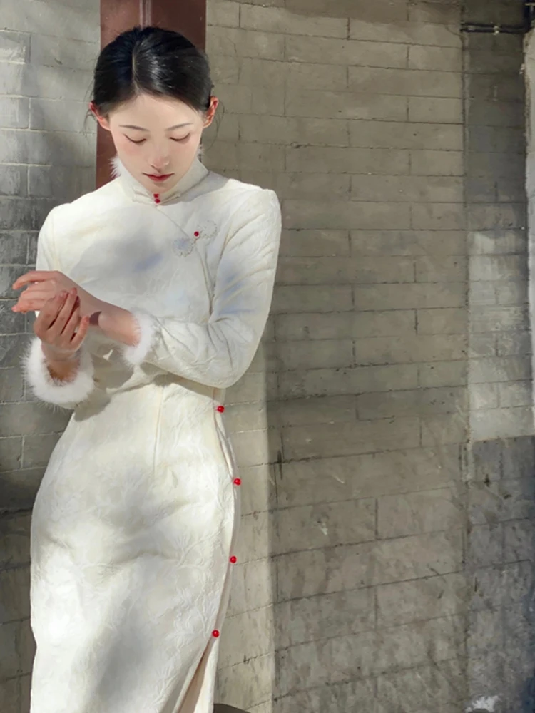 

Young Women's New Chinese Sle Long Sve White Dr High Waist Slim Fit Gown for Par Performance Daily Wear by Misianna