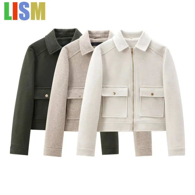

LISM 2025 Women's Zipper Jacket Coat New Winter Long Sleeve Pocket Outerwear Coat Short Street Elegant Women's Windbreaker