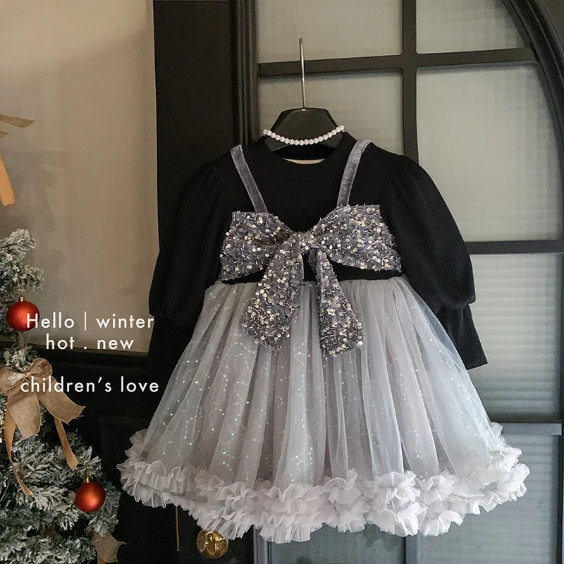 Girls' Winter New Bowknot Mesh Sequin High-end Thickened Puffy Princess Dress