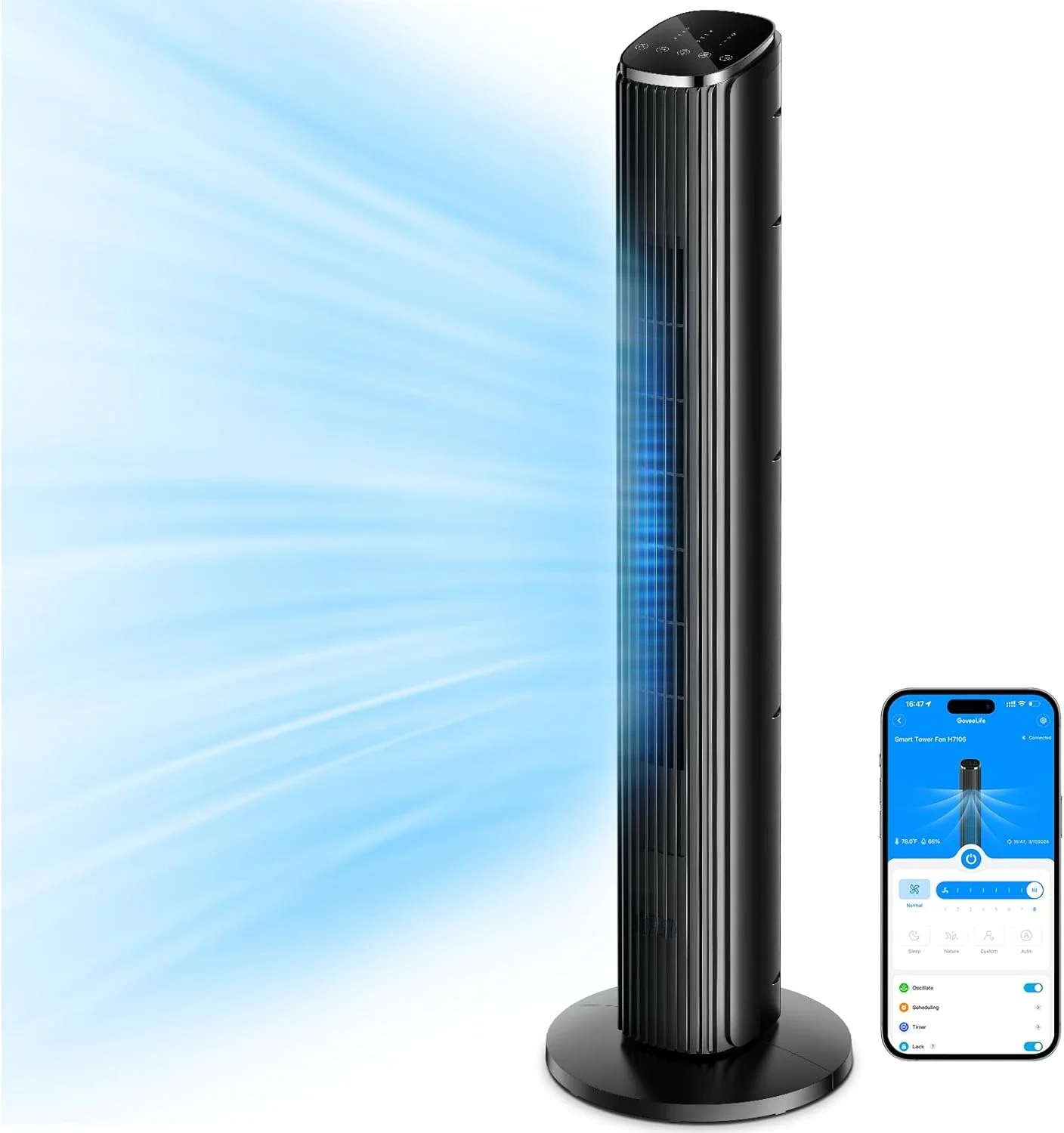 

Bedroom Tower Fan with Smart Oscillating Feature, 36 Inch, Temperature Sensor, App & Voice Remote Control, 5 Modes, 8 Speeds - I