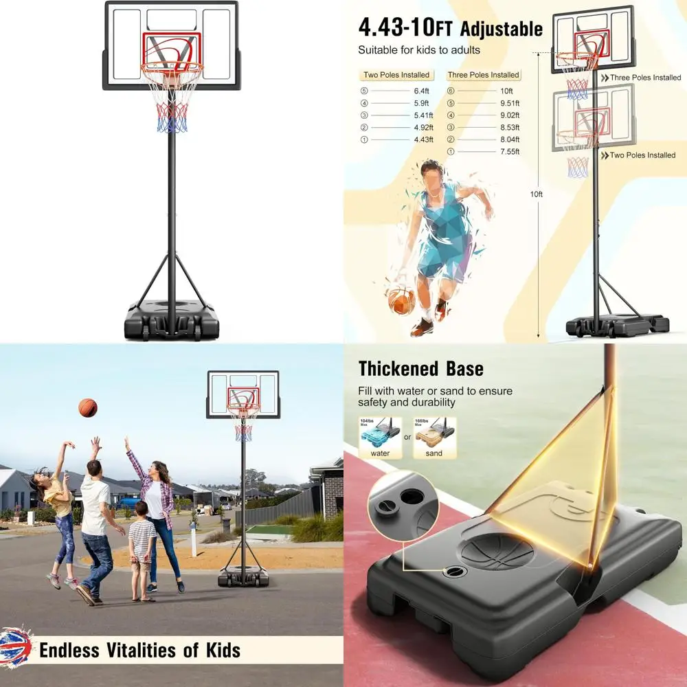 طوق كرة سلة محمول بطول 10 أقدام للأطفال والشباب والكبار مع لوحة خلفية مقاس 44 بوصة - هدف محكمة متين وقابل للتعديل