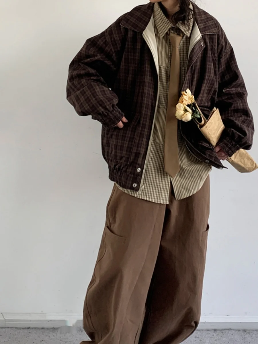 

Японская клетчатая куртка в стиле ретро, свободная повседневная длинная двусторонняя одежда для мужчин и женщин, осеннее новое поступление