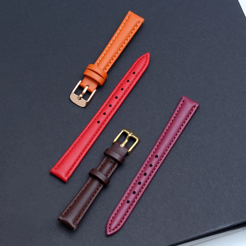 12 14 16 18 20mm Genuine Leather Watchband Soft Material Watch Band Wrist Strap Orange red women With gold Color Stainless Steel