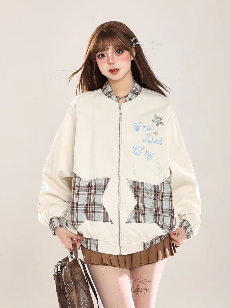 

Loose Baseball Jaet for Women with Embroidered Stars Plaid Patchwork Oversize Coat Spring 2025 Commute Sle Long Sve Zi...