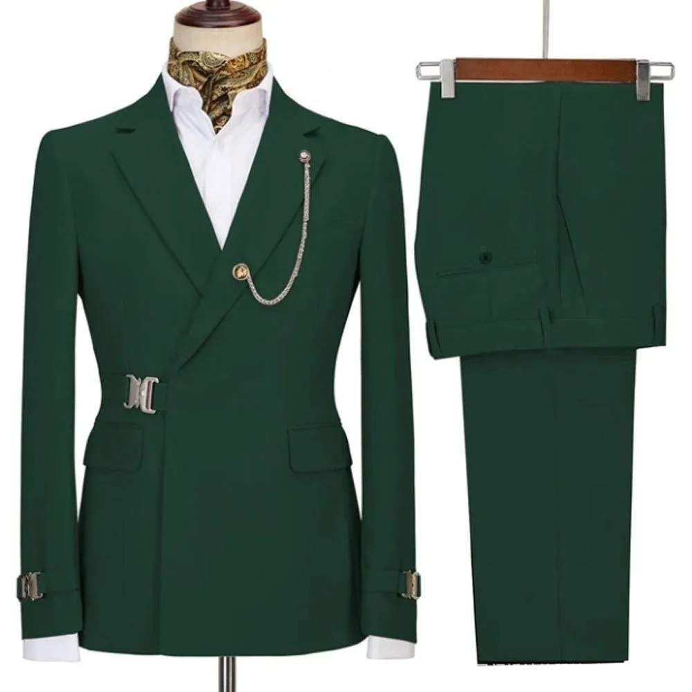 

Men's Slim Fit 2 Piece Dark Green Double Breasted Suit Wedding