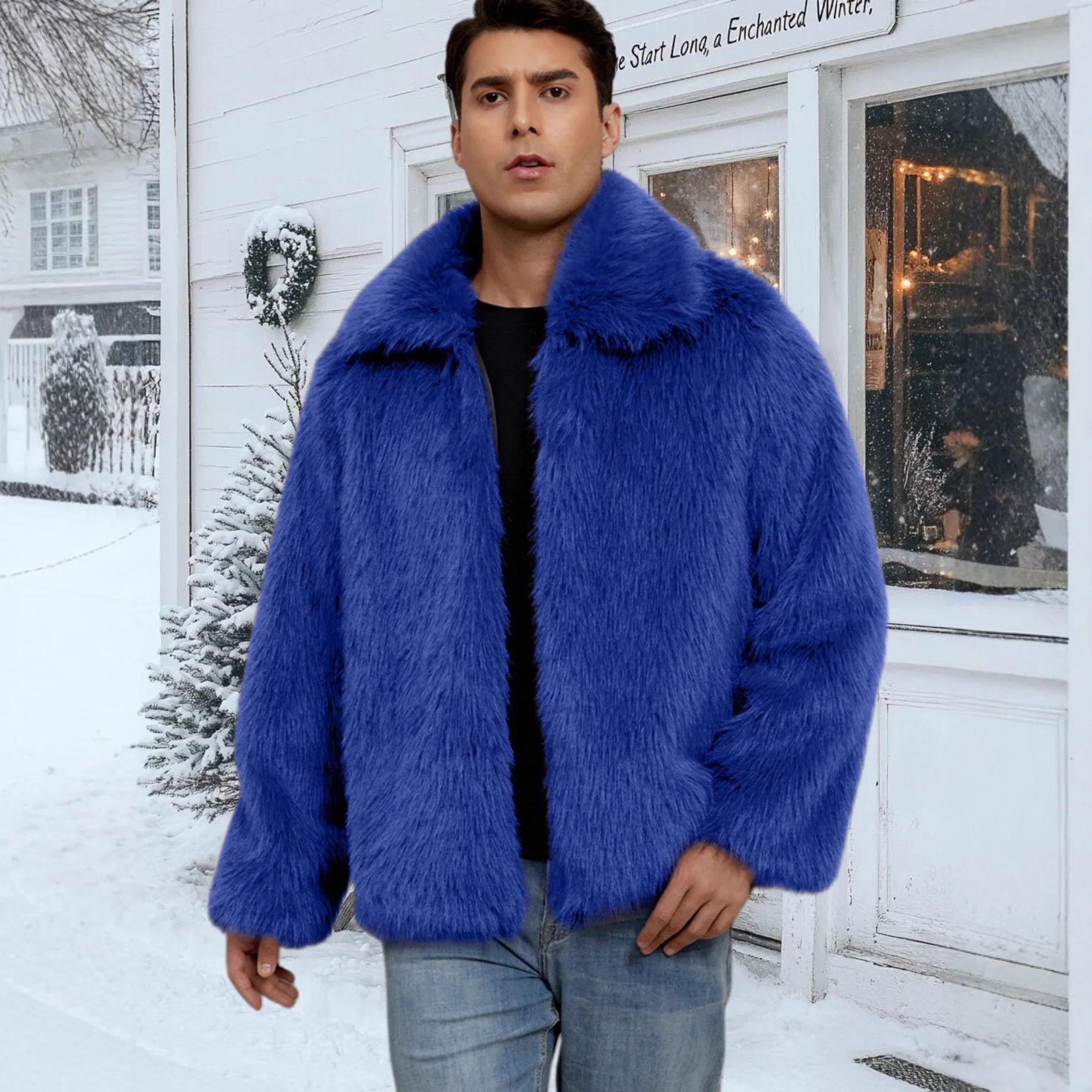 

Men Faux Fur Coat Loose Solid Lapel Neck Long Sleeve Open Front Warm Furry Winter Jacket