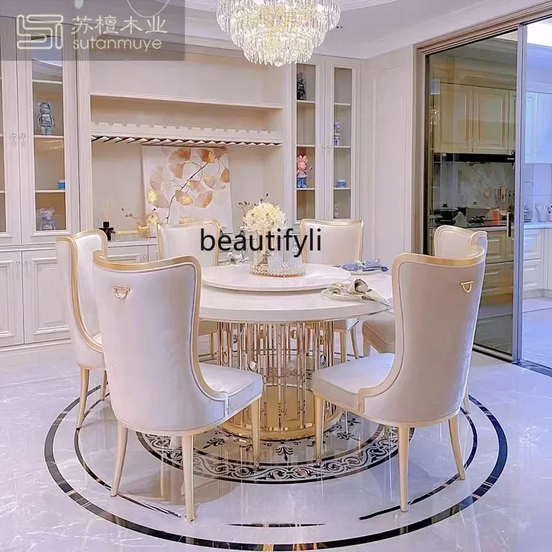 

Cy Light Luxury French Solid Wood Dining Table And Chair Combination Metal Household Round Table American Restaurant Dining Tab
