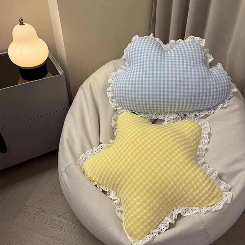 Sky Pillow Plush Moon Heart Star Cloud Soft Cushion Colorful Check Pattern Sofa Chair Decoration Plushie Ladies Gift