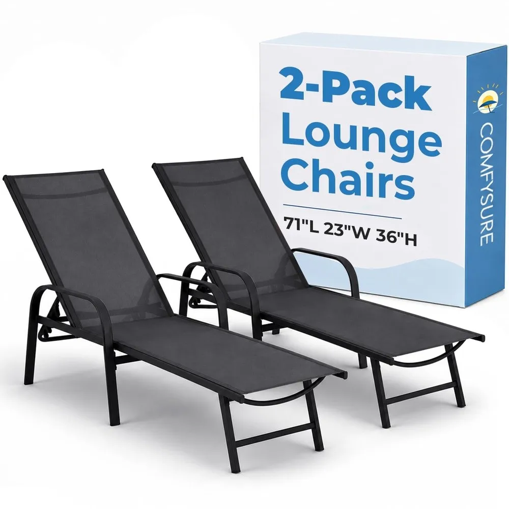 Metal Outdoor Lounge Chairs Set of 2 with Armrests – 5 Position Adjustable Recline Weather Resistant Anti Rust Finish