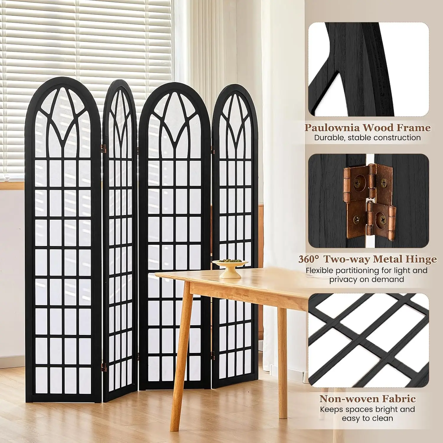 4 Panel Folding Privacy Screen Room Divider Arched Black Wood 63