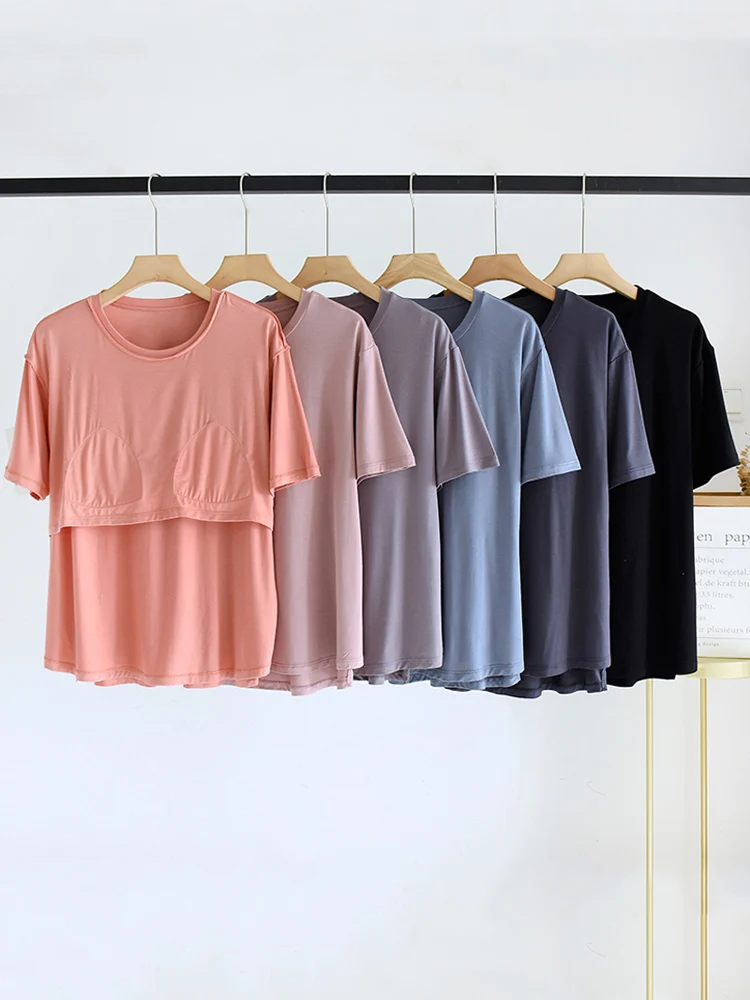 Summer Thin Short Sleeve Women's Sleepwear with Chest Pad Casual Loose Home Clothes Top round Neck Pullover Pure Color