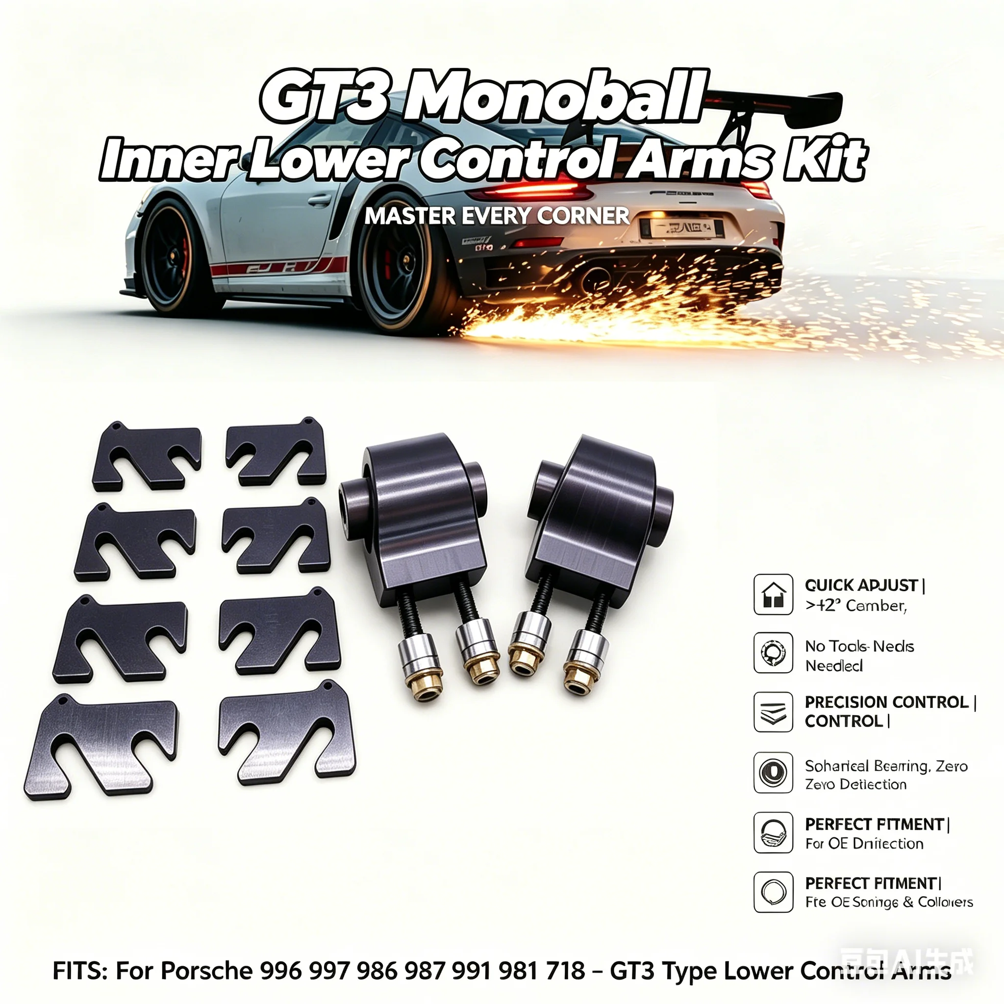 

For Porsche 996 997 986 987 981 718 – GT3 Monoball Inner Lower Control Arms Kit, Spherical Bearing, Adjustable Camber