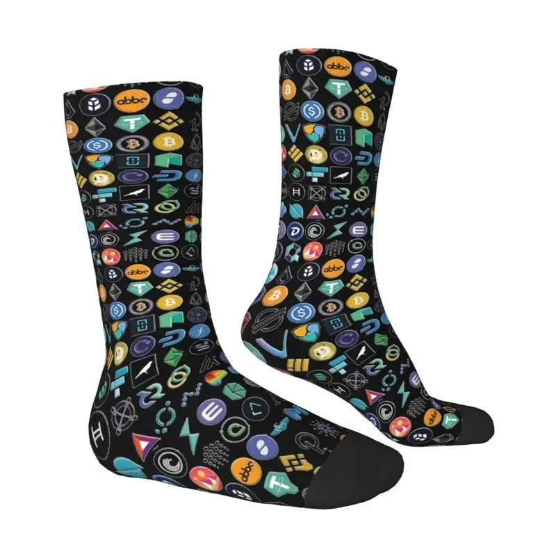 Y2K Bitcoin Crypto Logos 3D On Black Men Women Socks Outdoor Novelty Spring Summer Autumn Winter Stockings Gift