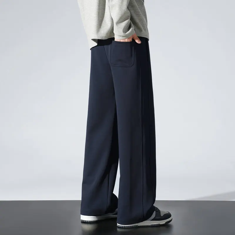 

Winter Fleece Lined Wide Leg Pants Men Cotton Velvet Lined Straight Sweatpants Solid Color Long Baggy Trousers Outdoor Warm Wear