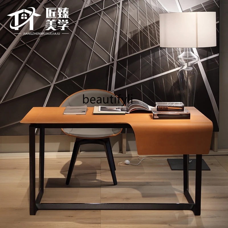 Italian light luxury simple orange desk high-end office desk, computer desk solid wood furniture