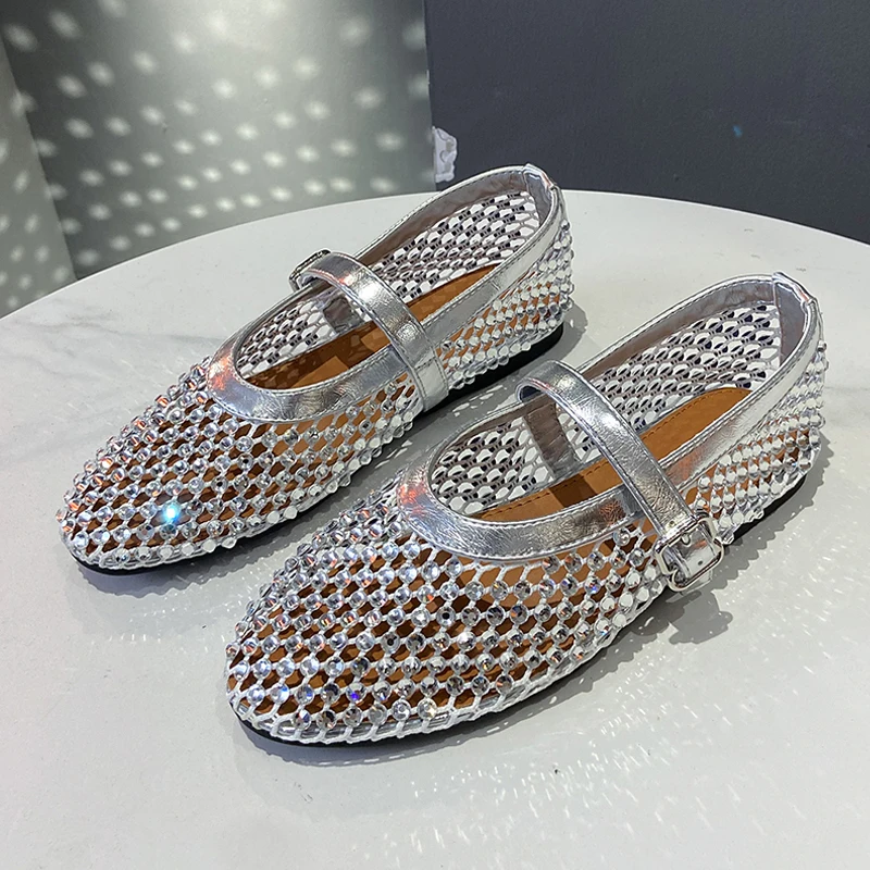 Luxury Crystal Rhinestone Fishnet Ballet Flats Woman Brand Design Rivet Studs Mesh Mary Jane Shoes Ladies Summer Cut Out Loafers