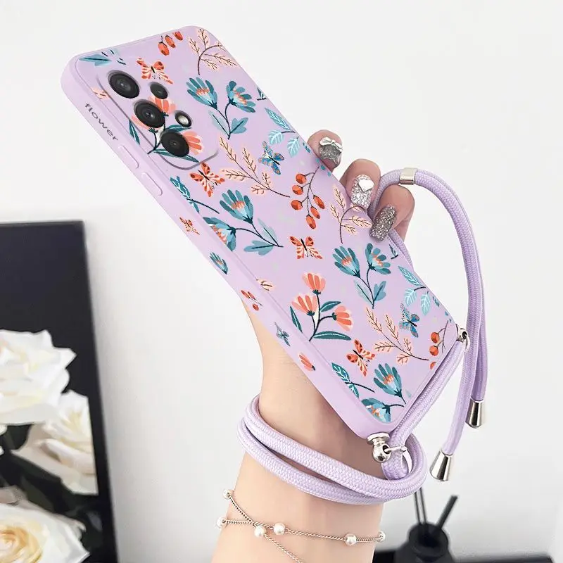 Sunrise Floral Crossbody Lanyard Silicone Phone Case For Samsung Galaxy A54 A34 A24 A73 A53 A52 A52S A04S A04E A72 Cover