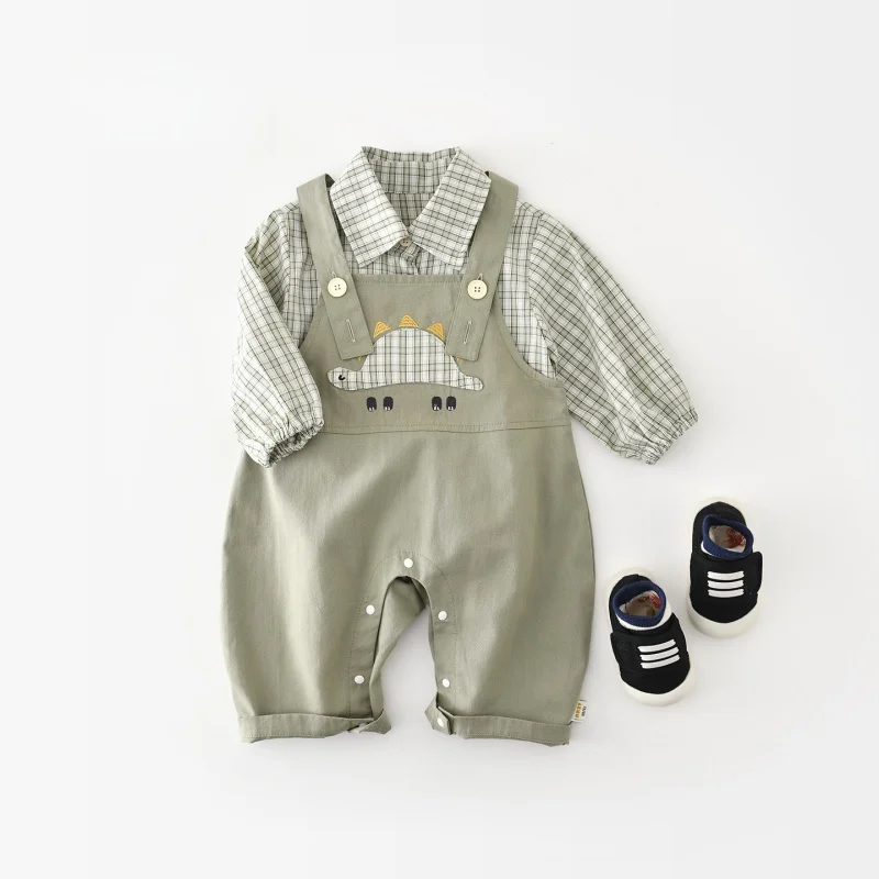 2026 Autumn 2Pcs Baby Clothes Set Plaid Shirt Dinosaur Embroidered Children Suspender Pants Soft Toddler Preppy Kids Outfit