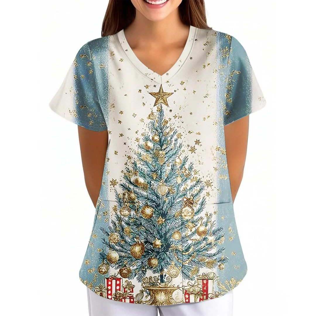 Roupas casuais femininas natal esfrega topo bonito boneco de neve árvore de natal impressão manga curta com decote em v uniformes médicos da enfermeira