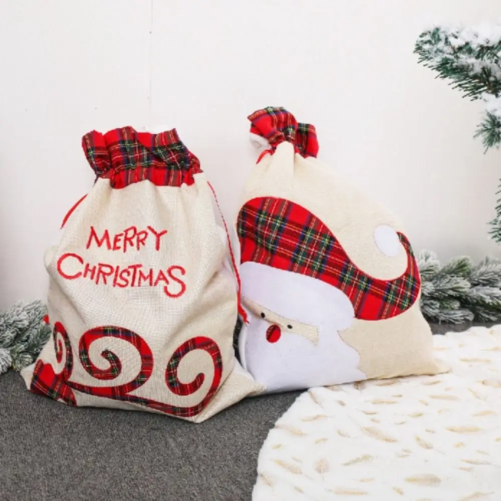 

Candy Bag Large Christmas Gift Bag Plaid Applique Luxury Linen Packing Bag Portable Embroidered Christmas Handbag Home