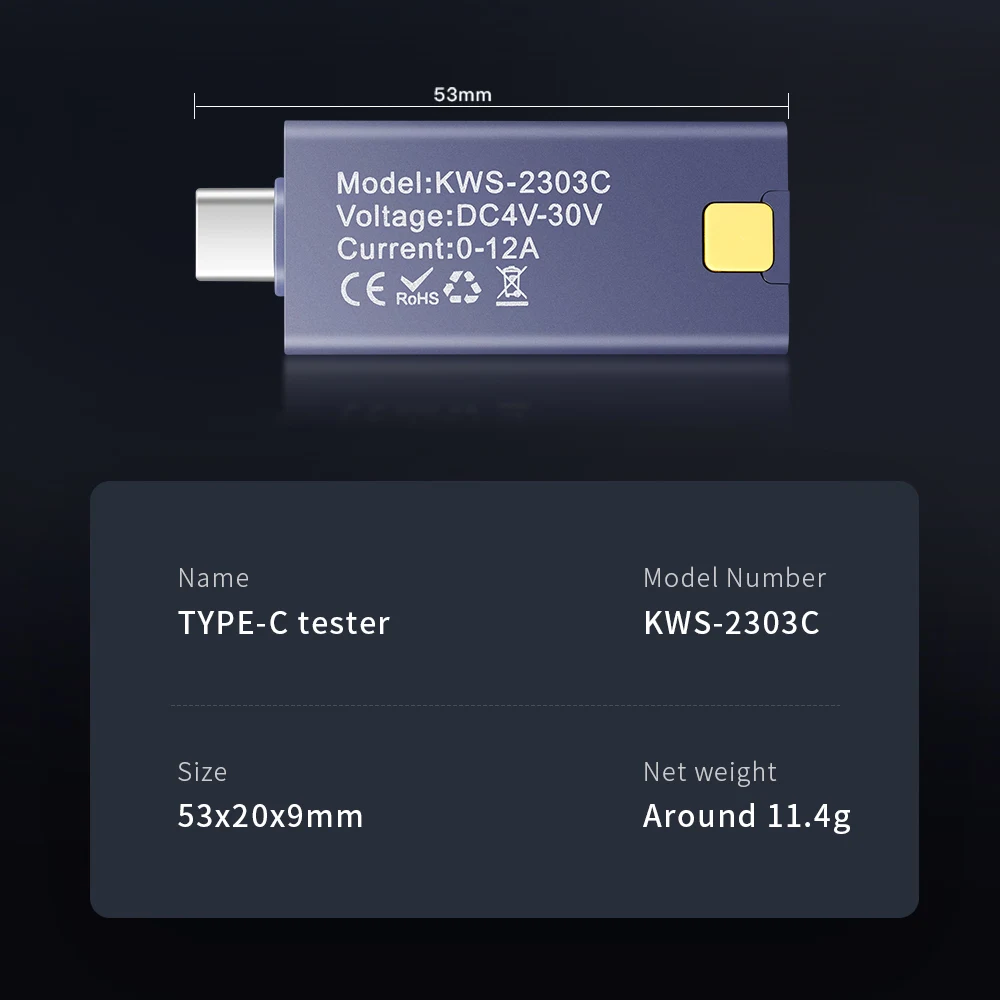 KWS-2303C Display Multi-function Screen Digital Type-C Tester Voltage Current Power Meter DC 4~30V 0~12A Charger Indicator