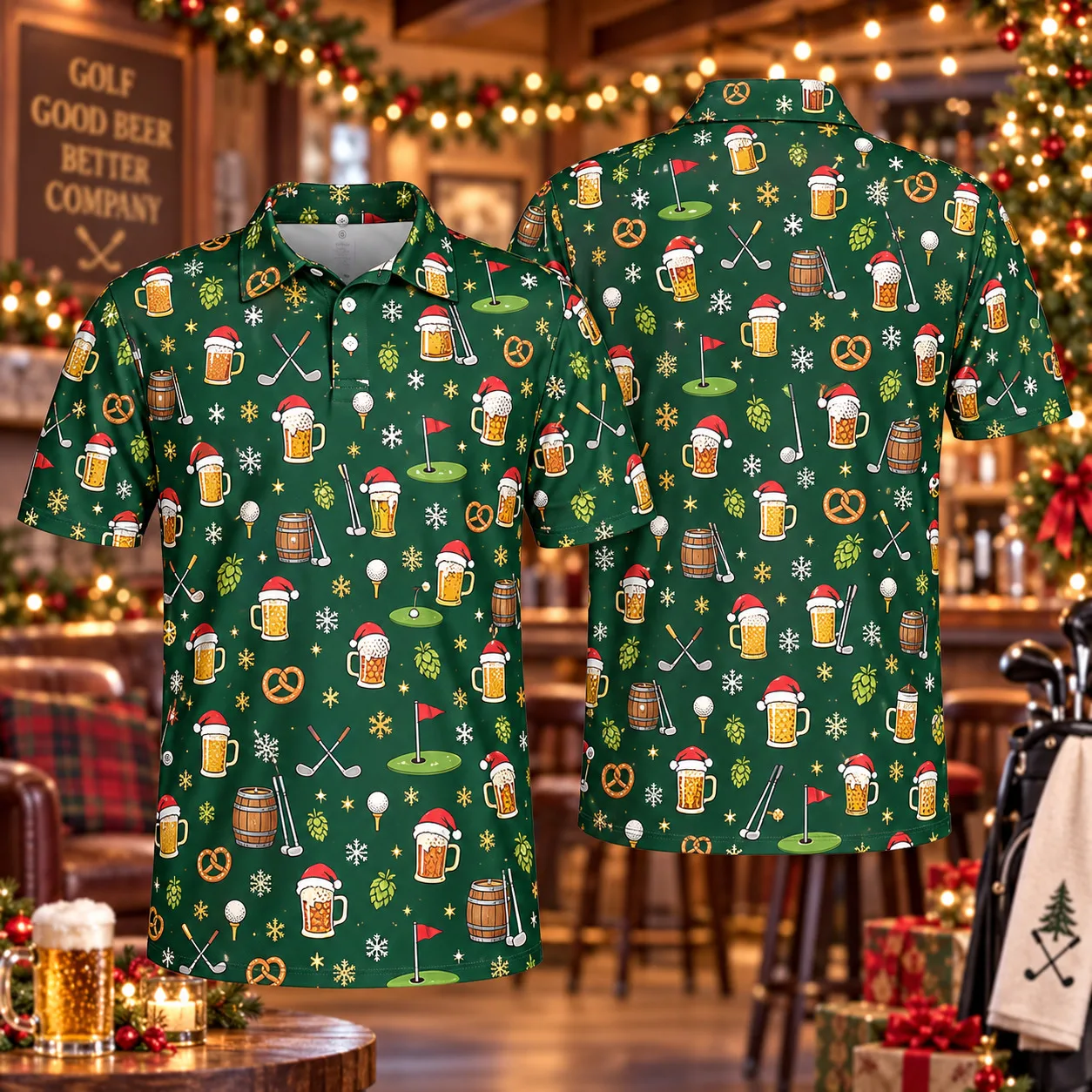 Men's Christmas Golf Polo Shirt Beer Pint 3D All Over Print Short Sleeve Funny Holiday Party Top
