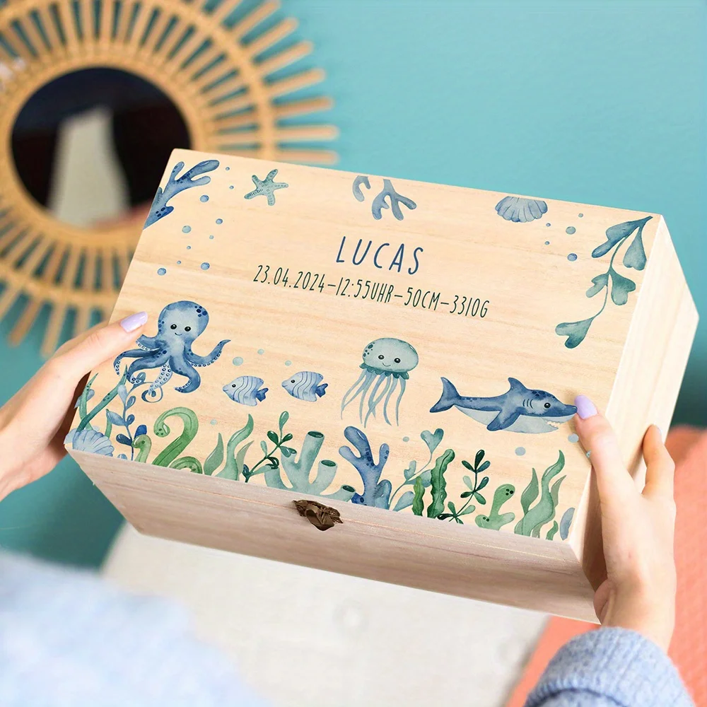 Personalized Keepsake Box Custom Name Memory Boxes Animal Rainbow Print Wood Kid Memories Case Custom Child Birthday Shower Gift