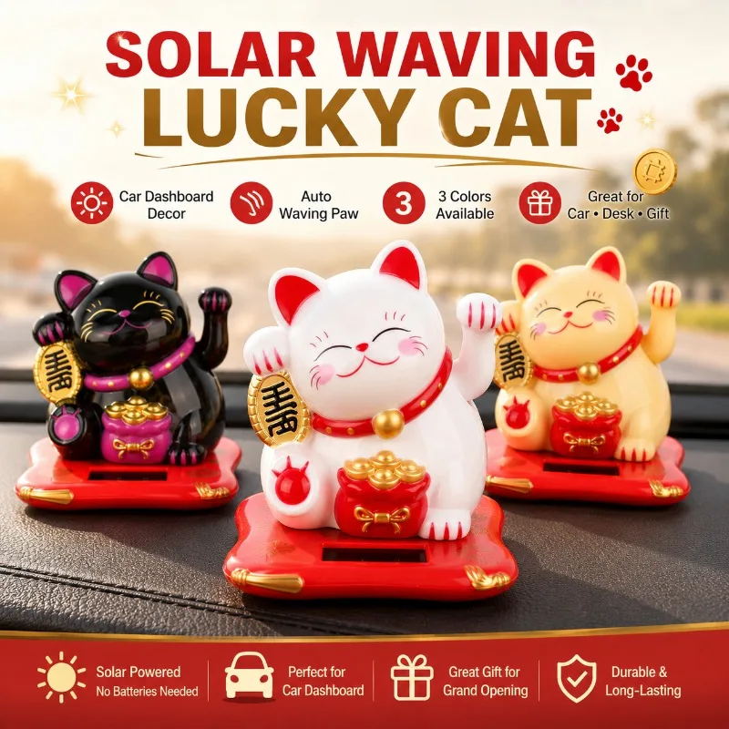 Solar Powered Waving Lucky Cat, Cute Maneki Neko Dashboard Ornament for Car Interior Office Desk Grand Opening Gift Display Item