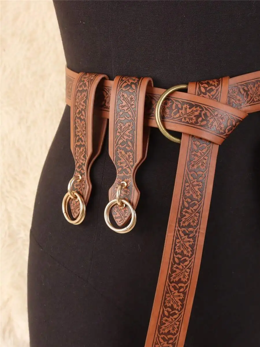 4PCS Renaissance Embossed Medieval Belts & Skirt Hike Retro Viking Drawstring Wallets Cosplay Props Summer, School Fall,
