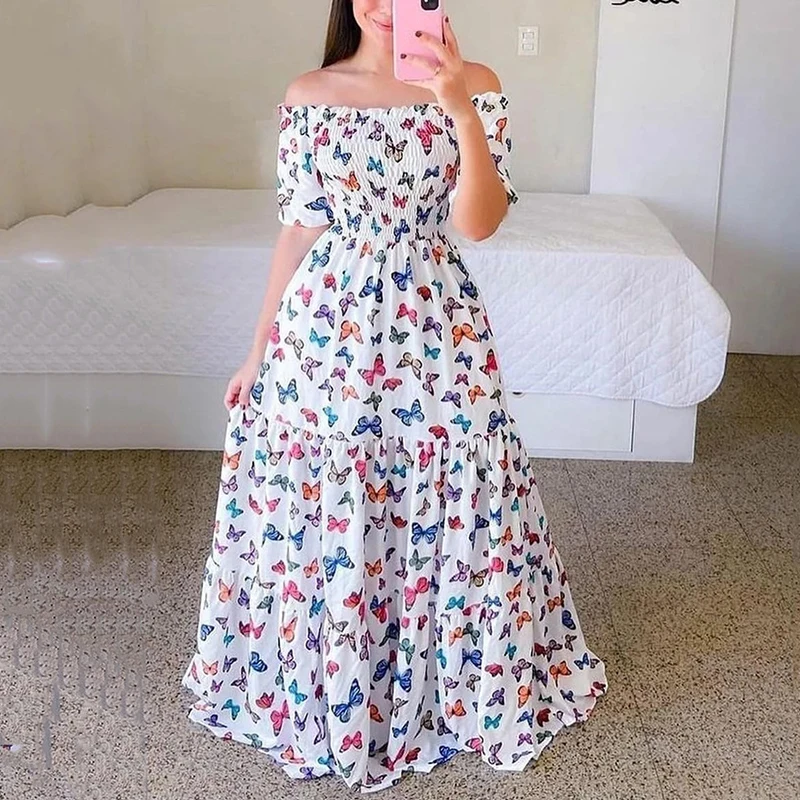 Rainbow Printed Dresses Women Sexy Off The Shoulder Tube Top Dress Floral Pink Dress Ladies Elegant Summer Party Maxi Dresses