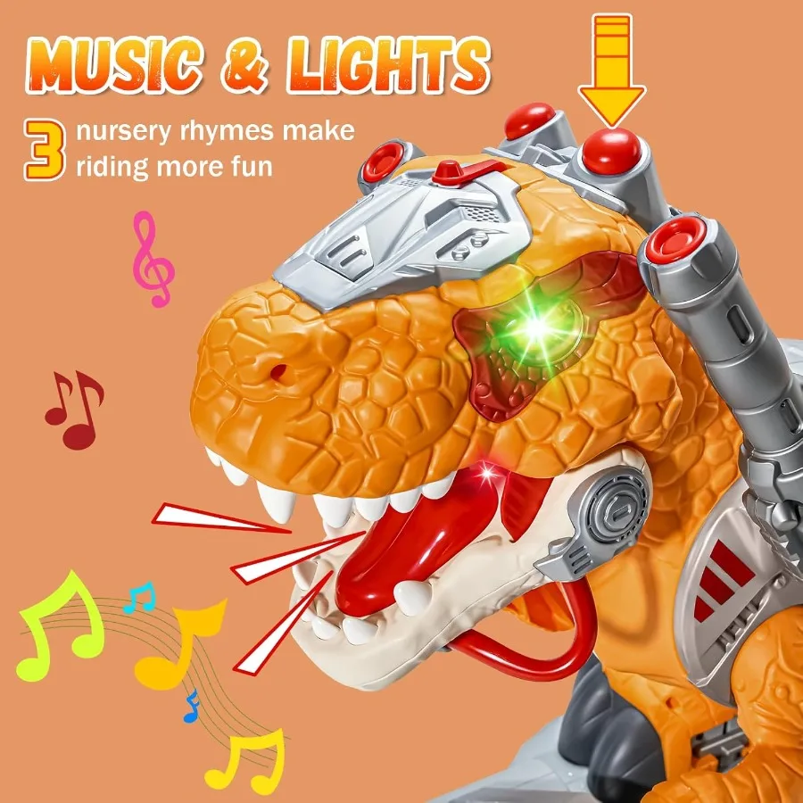 ของเล่นไดโนเสาร์ไฟฟ้าสำหรับเด็กเล็ก ขี่ได้ มีเพลง ไฟ และควัน สกู๊ตเตอร์เด็กหัดเดินแบบใช้เท้าเหยียบ