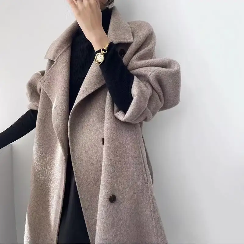 Advanced Gray Standing Collar Long Woolen Coat For Women'S Autumn And Winter Clothing, New Fashionable Double-Sided Woolen Coat