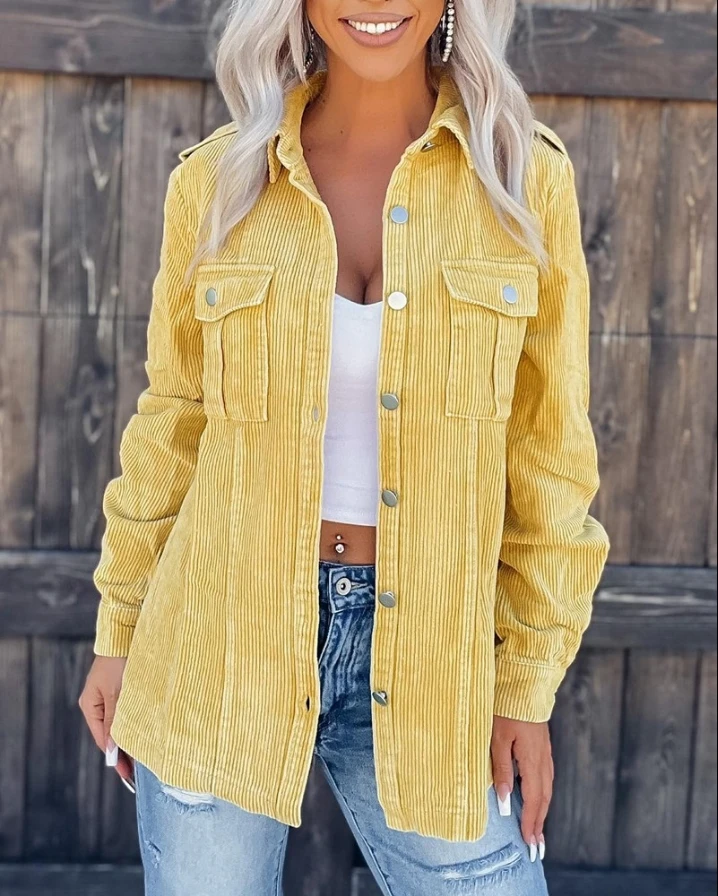 

Women's Jackets Open Front Long Sleeves Button Down Corduroy Shaket Cardigan 2024 Spring Latest Turn Down Collar Pocket Coat Top