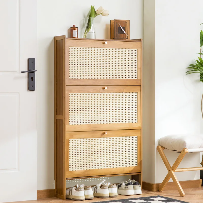 Household wooden shoe cabinet, rattan breathable shoe cabinet, narrow shoe cabinet, flip bucket shoe rack, storage cabinet