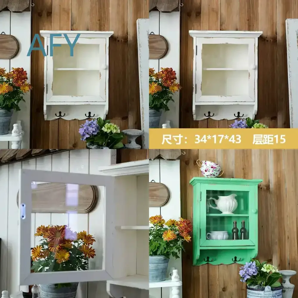 Rustic Wall Cabinet with Glass Door for Distressed Wood Storage Shelf with Hooks for Vintage Farmhouse Style for Living Room