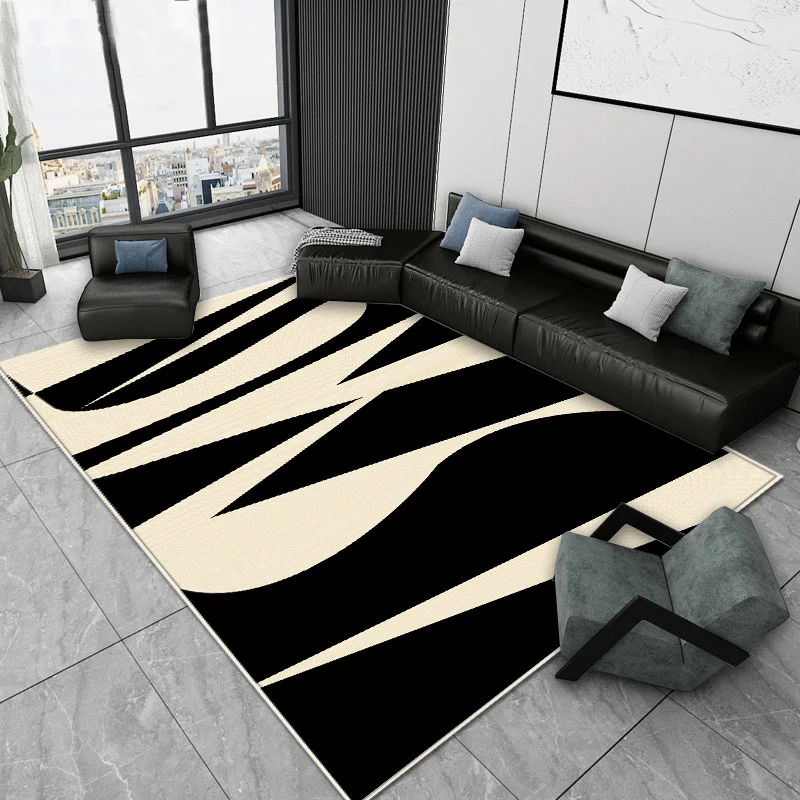 VIKAMA Modern Abstract Stripe Carpet Black Rice Irregular Curve Printed Floor Mat Anti Slip Water Absorbing Home Decoration