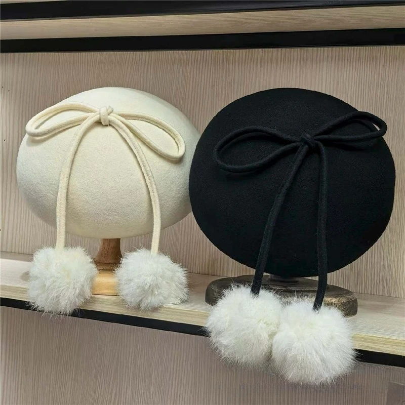 french-australian-woolen-fashion-hat-delicate-elegant-bow-mushroom-ball-beret-high-end-women's-dinner-top-hat-mushroom-ball