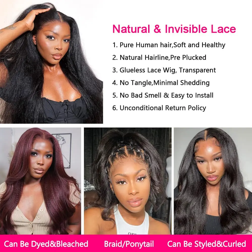 Perruque Lace Frontal Wig naturelle Yaki, cheveux crépus lisses, 13x6, Full HD, queue de cheval pre-plucked, 13x4, densité 250%