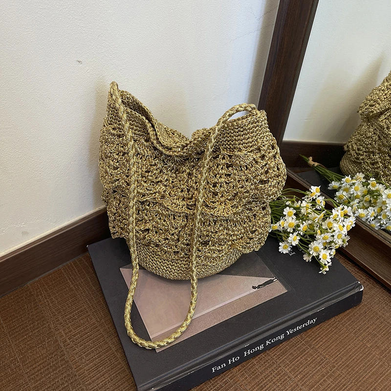 

Shiny Silver Hollow Crochet Woven Tote Bag Women Glitter Yarn Openwork Knit Shoulder Handbag Large Capacity Breathable Purse