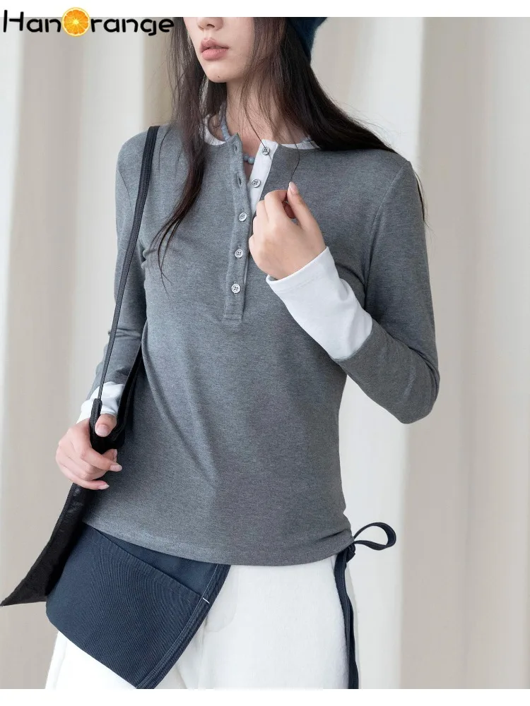 Women Fake Two Piece Color Block Henry Round Neck Top Long Sleeve Merino Wool Spliced T Shirt Casual Slim Basic Undershirt